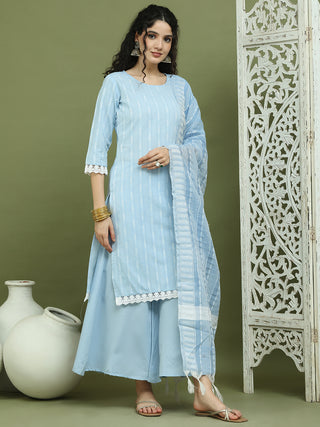 Lace Work, Woven Design straight Kurta Palazzo With Dupatta