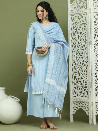 Lace Work, Woven Design straight Kurta Palazzo With Dupatta