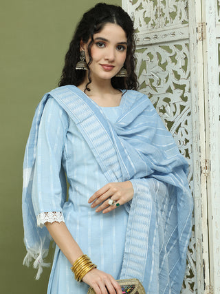 Lace Work, Woven Design straight Kurta Palazzo With Dupatta