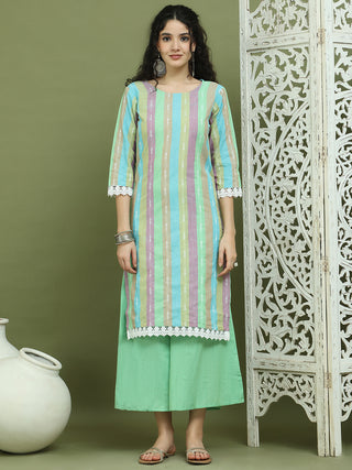 Lace Work, Woven Design straight Kurta With Palazzo