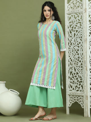 Lace Work, Woven Design straight Kurta With Palazzo
