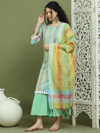 Lace Work, Woven Design straight Kurta Palazzo Dupatta Set