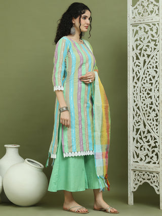 Lace Work, Woven Design straight Kurta Palazzo Dupatta Set