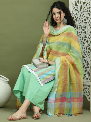 Lace Work, Woven Design straight Kurta Palazzo Dupatta Set