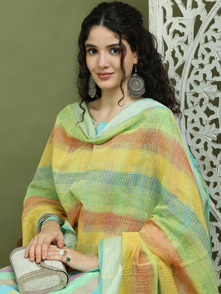 Lace Work, Woven Design straight Kurta Palazzo Dupatta Set