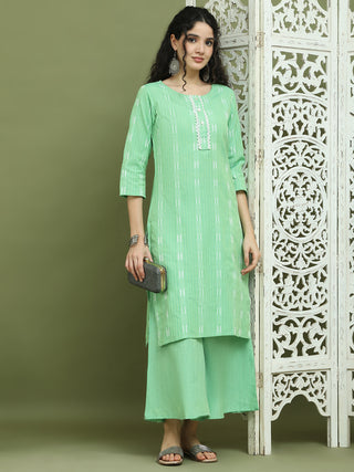 Lace Work, Woven Design straight Kurta With Palazzo