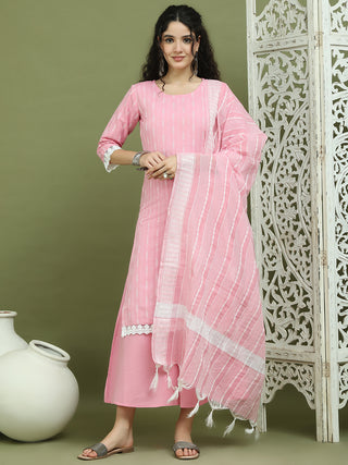 Lace Work, Woven Design straight Kurta Palazzo With Dupatta