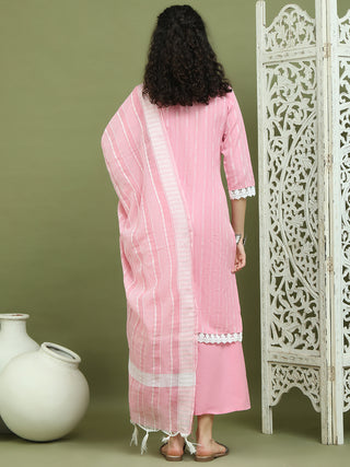 Lace Work, Woven Design straight Kurta Palazzo With Dupatta