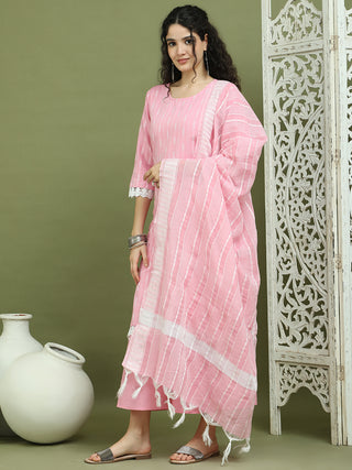 Lace Work, Woven Design straight Kurta Palazzo With Dupatta
