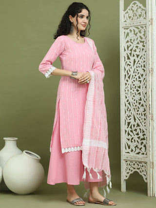 Lace Work, Woven Design straight Kurta Palazzo With Dupatta