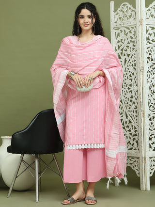 Lace Work, Woven Design straight Kurta Palazzo With Dupatta