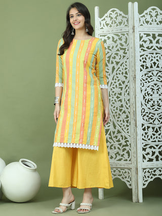 Lace Work, Woven Design straight Kurta With Palazzo