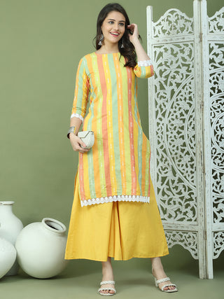 Lace Work, Woven Design straight Kurta With Palazzo