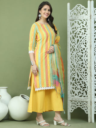 Lace Work, Woven Design straight Kurta Palazzo Dupatta Set