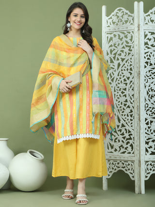 Lace Work, Woven Design straight Kurta Palazzo Dupatta Set