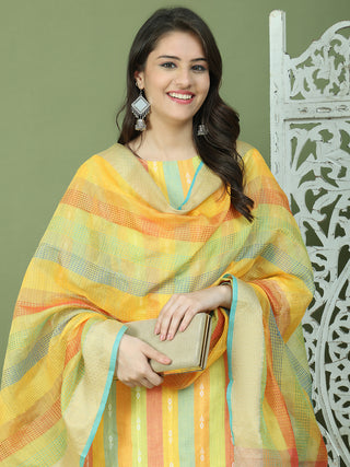 Lace Work, Woven Design straight Kurta Palazzo Dupatta Set