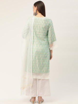 Women Blue Ethnic Motifs Jacquard Kurta with Palazzos & With Dupatta