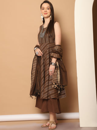 Woven Design flared kurta pallazos dupatta set