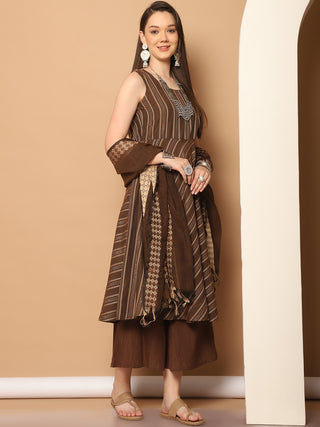 Woven Design flared kurta pallazos dupatta set