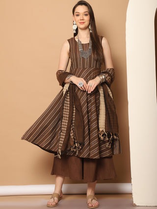 Woven Design flared kurta pallazos dupatta set