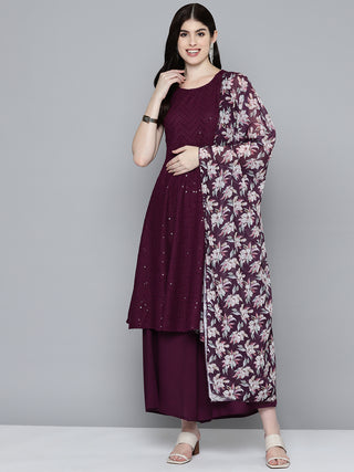 Women Embroidered Sequinned Kurta & Palazzos With Dupatta
