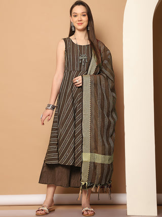 Woven Design flared kurta pallazos dupatta set