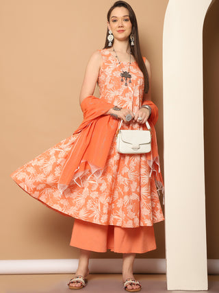 Printed orange flared kurta pallazos dupatta set