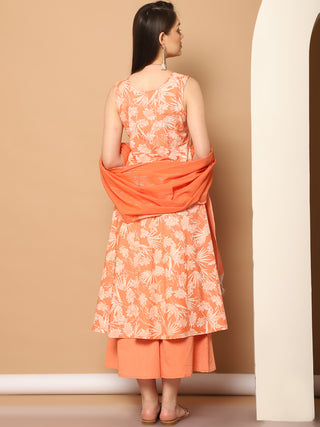 Printed orange flared kurta pallazos dupatta set