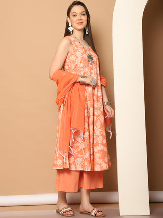 Printed orange flared kurta pallazos dupatta set