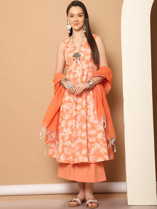 Printed orange flared kurta pallazos dupatta set