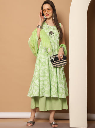 Printed green flared kurta pallazos dupatta set