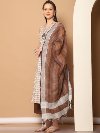 Women Brown Printed Kurta with Palazzos & With Kantha Work Dupatta