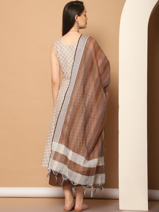 Women Brown Printed Kurta with Palazzos & With Kantha Work Dupatta