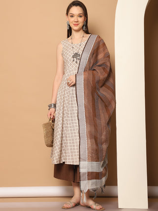 Women Brown Printed Kurta with Palazzos & With Kantha Work Dupatta