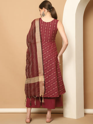 Maroon Woven Design Kantha Work Kurta with Palazzos & With Dupatta