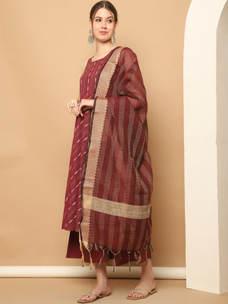 Maroon Woven Design Kantha Work Kurta with Palazzos & With Dupatta