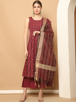 Maroon Woven Design Kantha Work Kurta with Palazzos & With Dupatta