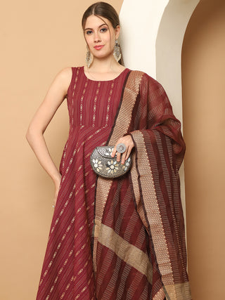 Maroon Woven Design Kantha Work Kurta with Palazzos & With Dupatta