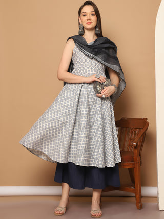 Women Navy Blue Printed Kurta with Palazzos & With Kantha Work Dupatta