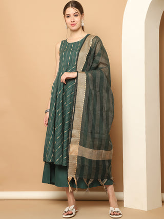 Green Woven Design Kantha Work Kurta with Palazzos & With Dupatta