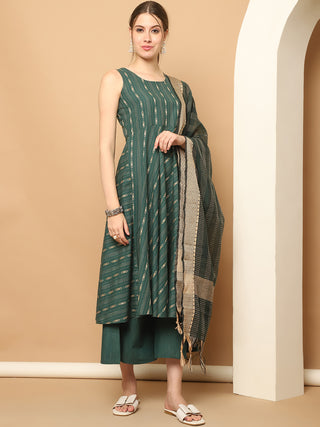 Green Woven Design Kantha Work Kurta with Palazzos & With Dupatta