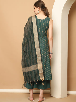 Green Woven Design Kantha Work Kurta with Palazzos & With Dupatta