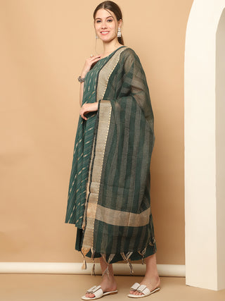 Green Woven Design Kantha Work Kurta with Palazzos & With Dupatta