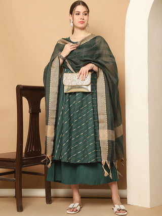 Green Woven Design Kantha Work Kurta with Palazzos & With Dupatta