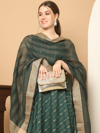 Green Woven Design Kantha Work Kurta with Palazzos & With Dupatta