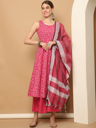 Printed pink flared kurta pallazos dupatta set