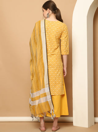 Printed yellow kurta with lace work, pallazos dupatta set