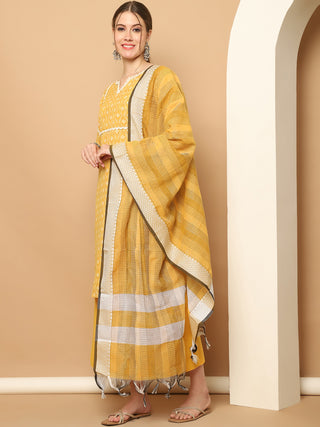 Printed yellow kurta with lace work, pallazos dupatta set