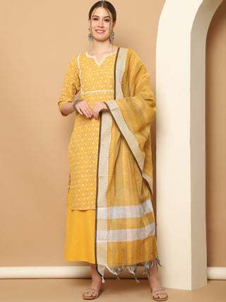 Printed yellow kurta with lace work, pallazos dupatta set