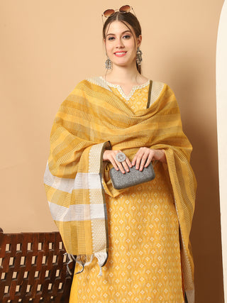 Printed yellow kurta with lace work, pallazos dupatta set